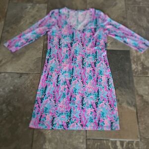 Lilly Pulitzer Cotton Shift Dress Small Pink/Green/blue Coastal 3/4 sleeve